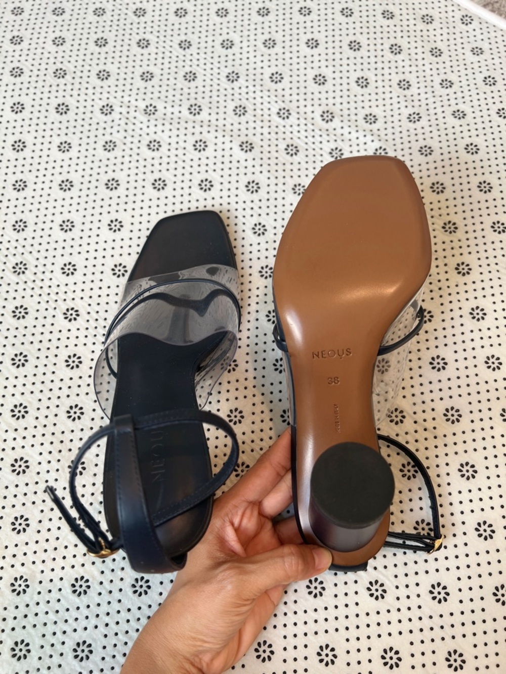 NEOUS Black Clear-Strap Low Block Heel Sandals! Size 38 made in Italia